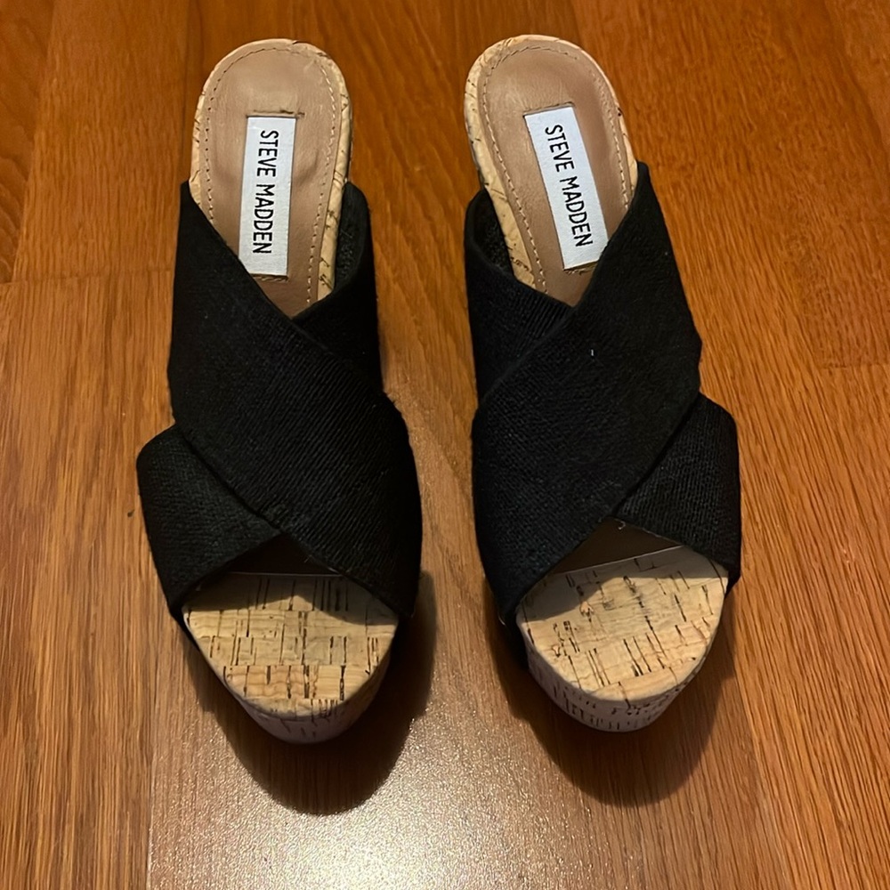Steve Madden Black Cork Wedge Sandals